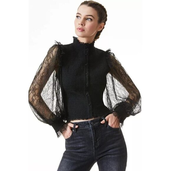 Alice + Olivia Tops - Alice + Olivia Aviva Black Mock Neck Smocked Lace Sleeve Blouse Size Small